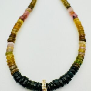 TOURMALINE HEISHI WITH 14K YG DOUBLE DIAMOND BEAD NECKLACE